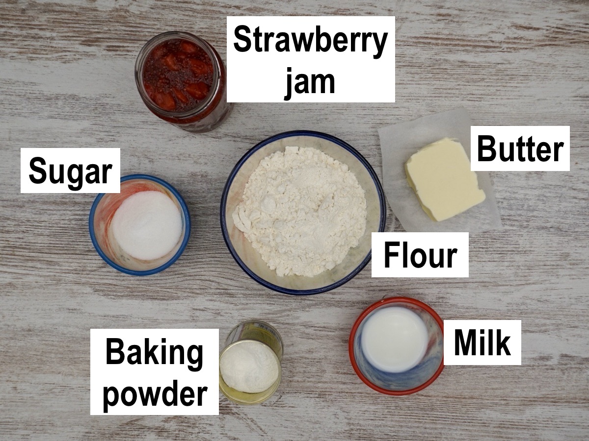 Annotated ingredients for scones with strawberry jam.