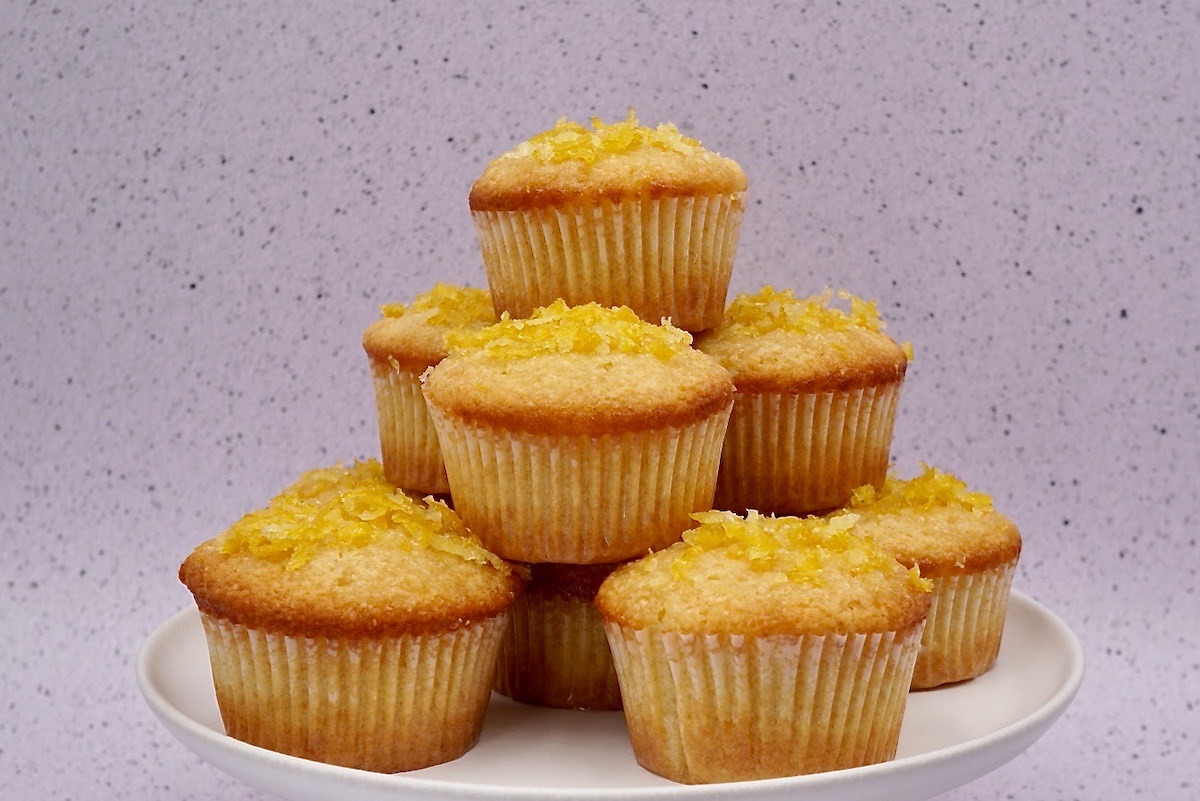 A stack of lemon drizzle cupcakes.
