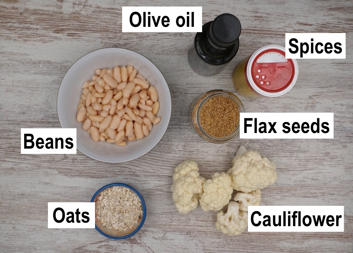 Annotated ingredients for cauliflower cakes.