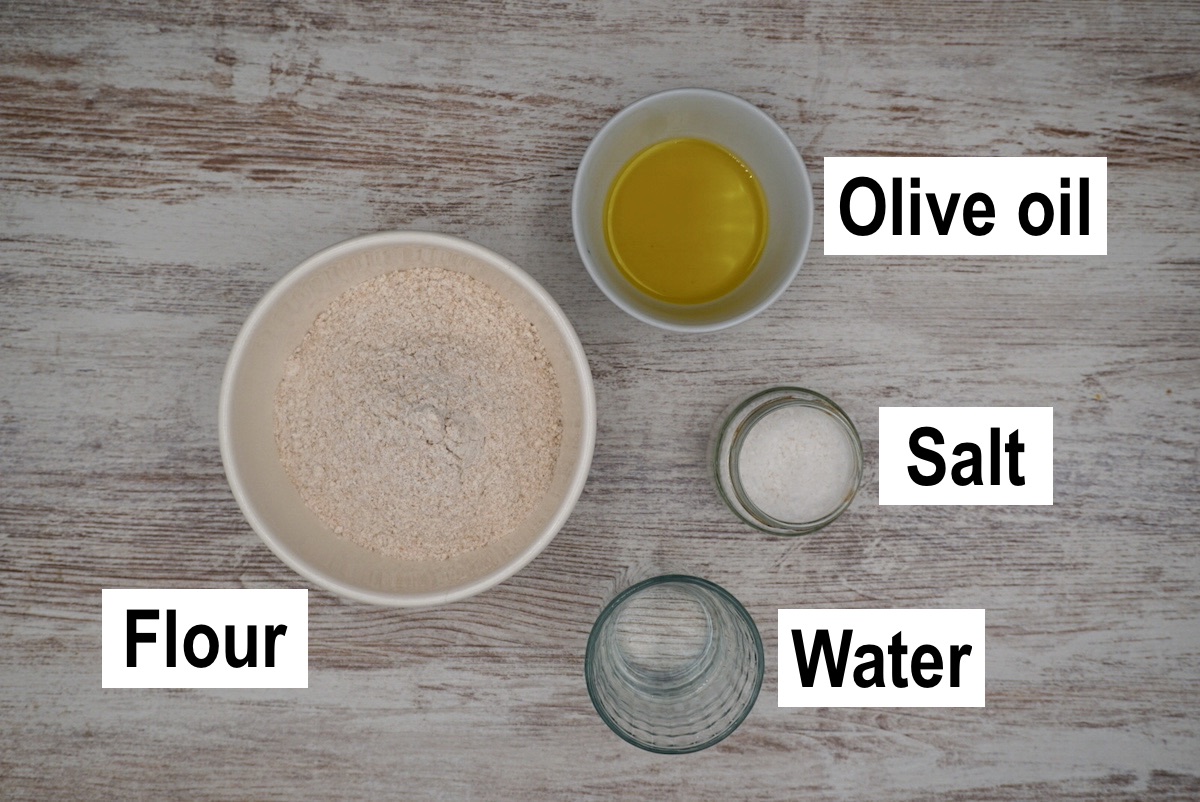 Annotated ingredients for olive oil pastry.